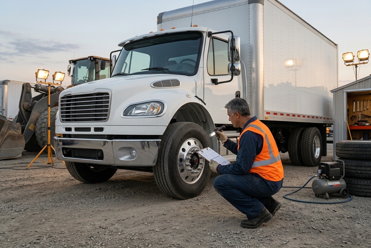 Technician performing a DOT inspection on a fleet truck at a yard