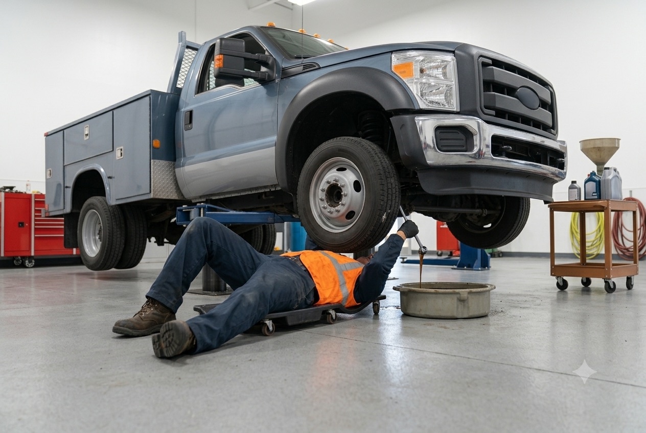 Mobile oil and lube service performed on a fleet truck