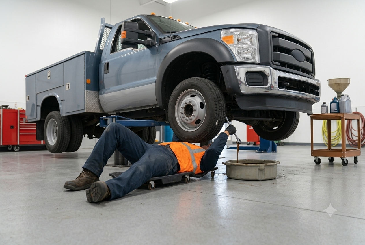 Mobile oil and lube service performed on a fleet truck